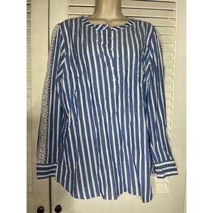 Talbots Blue White Stripe Lace Trimmed Henley Tunic Top XL